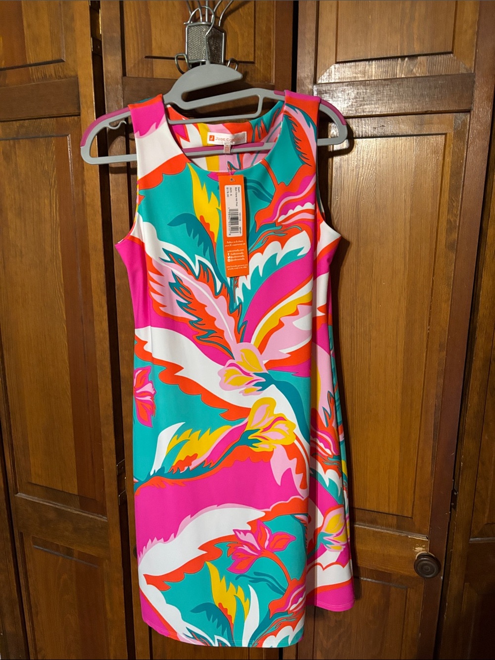 Bright Tropical Print Shift Dress - Pink, Teal, White